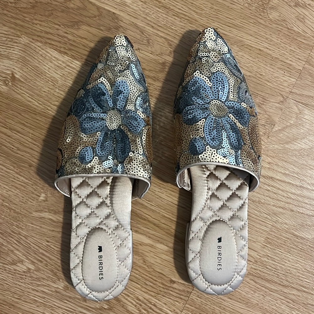 Birdies The Dove gold petal sequin mules